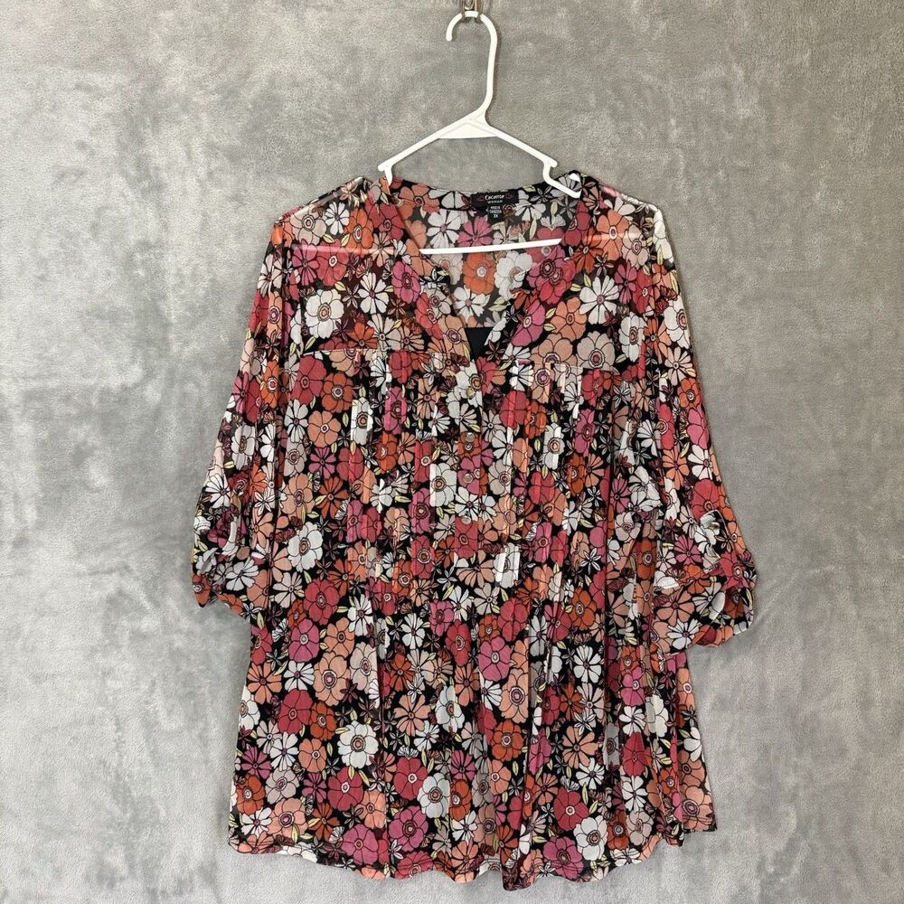 Cocomo Top 3X Roll Sleeves Plus Floral Lined Babydoll Cottagecore Flowy Blouse